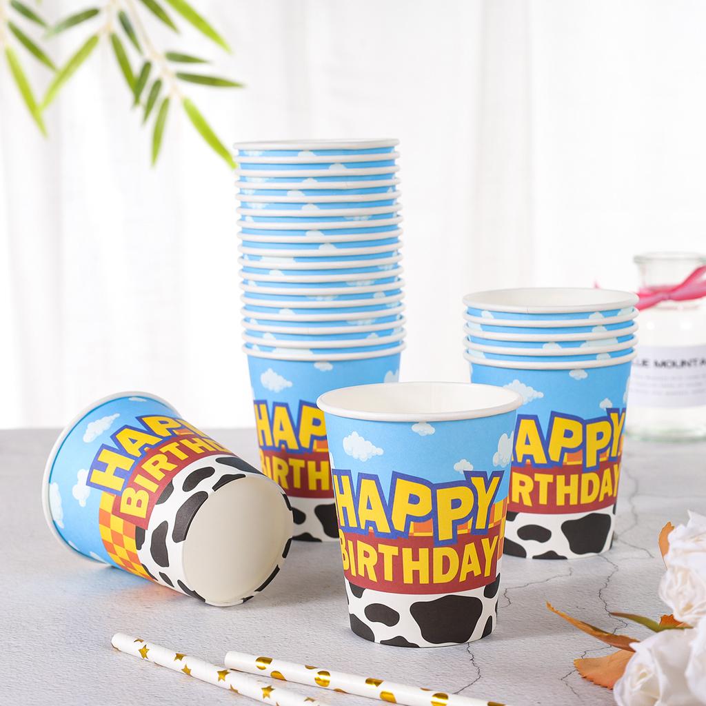 30pcs Disney Toy Story Cow Pattern Plaid Birthday Party Tableware, Disposable Paper Plates and Cups Party Supplies