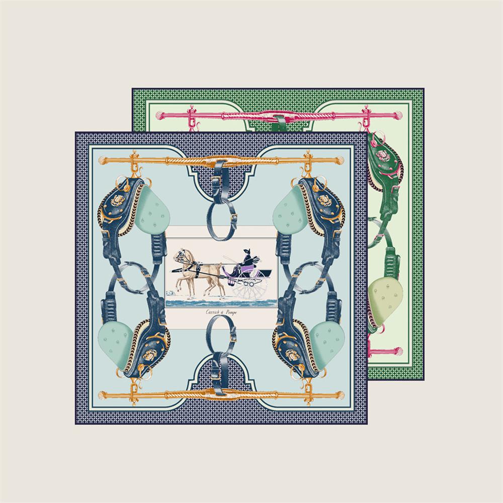 POBING Hand Rolled Twill Silk Scarf Women Horse Saddle Double Side Print Square Scarves Wraps Echarpes Foulards Femme Hijab 53CM