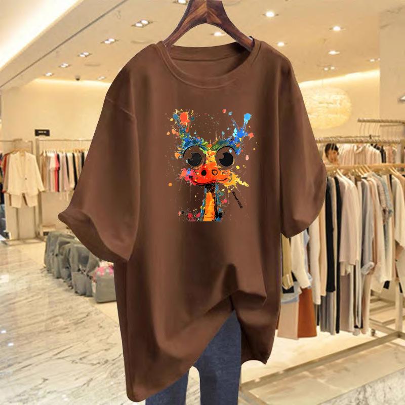 Women's Summer White Cotton Cartoon Print Short Sleeve T-Shirt