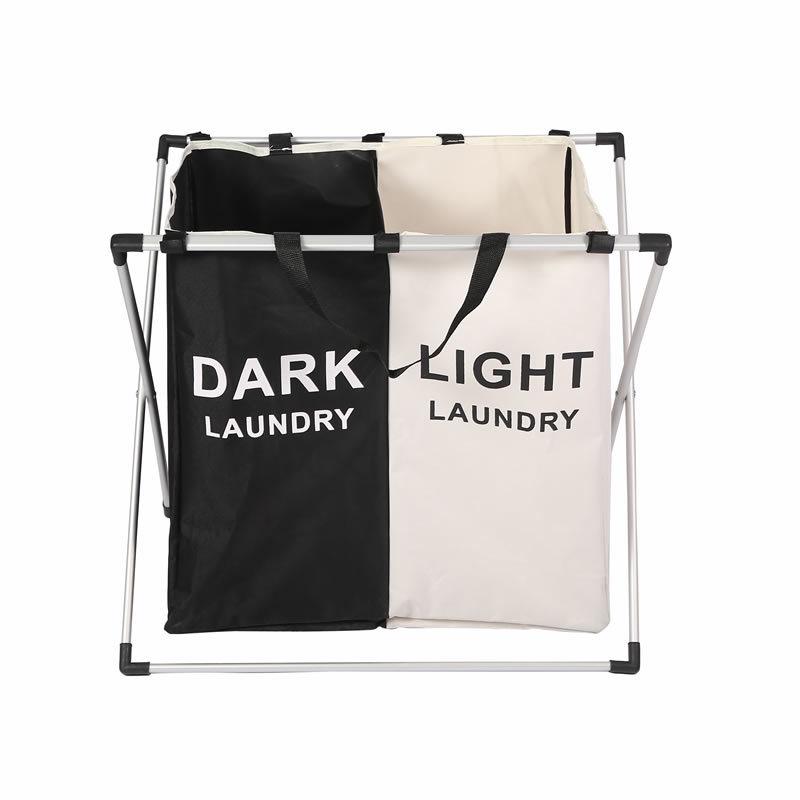 Foldable Aluminum Frame Double Compartment Laundry Basket with Handles 