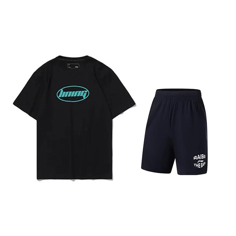 Li-Ning Letter Round Neck Versatile Short Sleeve Solid Color Comfortable Fashion Casual Sports Suit Unisex Suit Black AHST465-2+AKYT073-1