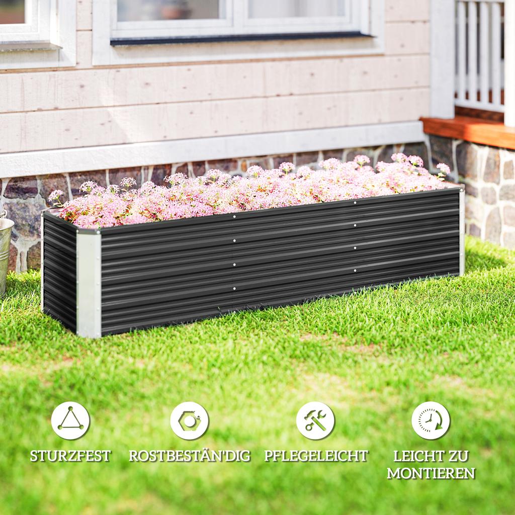 Raised Steel Garden Bed, Planter, Flower Box, Flower Pot with Gloves, Gray, 183 x 47 x 40 cm