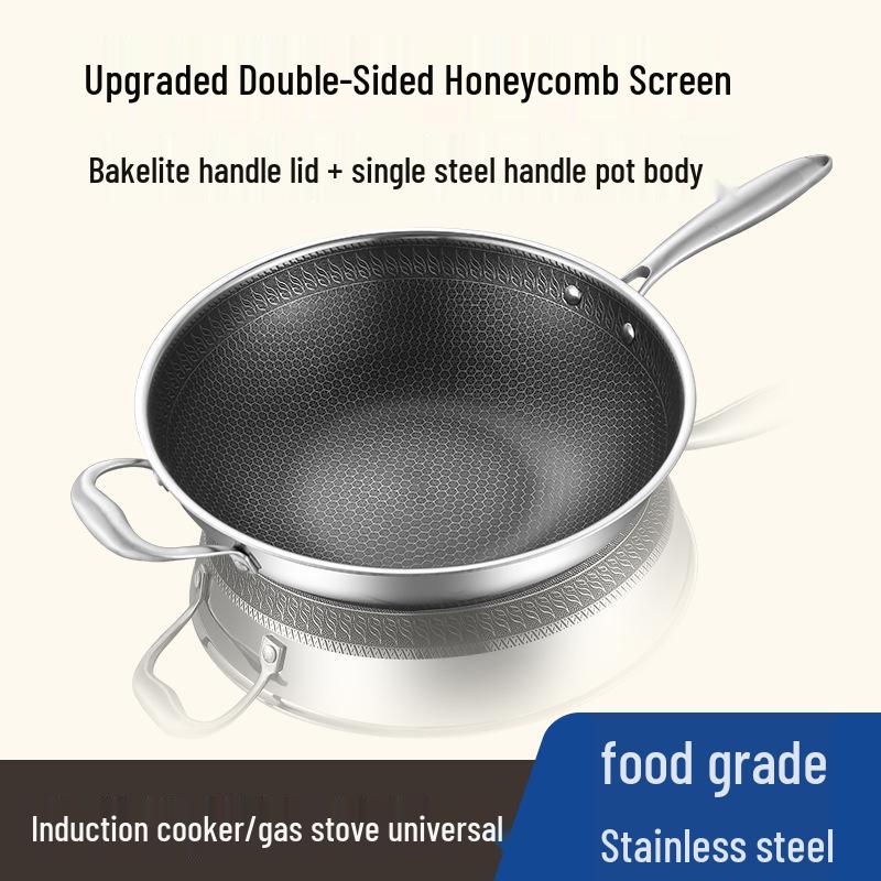 Non-Stick German Stainless Steel Wok Pan with Honeycomb Design for Induction & Gas Cookers