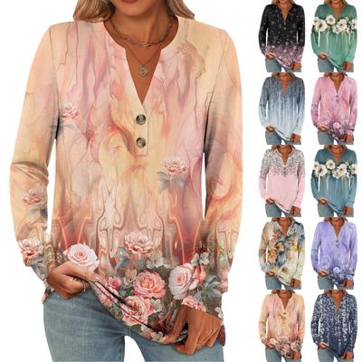 Women's Fashion Casual Floral Print Long Sleeve T-Shirt Pullover Top