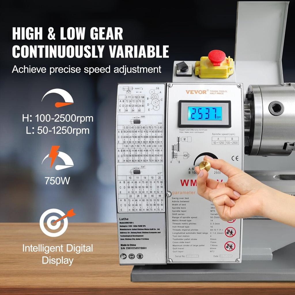 Metal Lathe Machine, 8.3'' x 29.5'', Precision benchtop power metal lathe, 0-2500 RPM Continuously Variable Speed, 750W Brushless Motor Metal Gears,