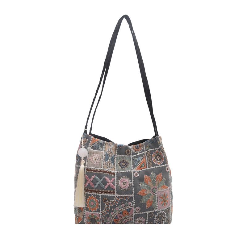 Borsa a Spalla Ricamata in Stile Etnico, alla Moda e Elegante, con Design a Tracolla Inclinata, Stile Borsa a Secchiello