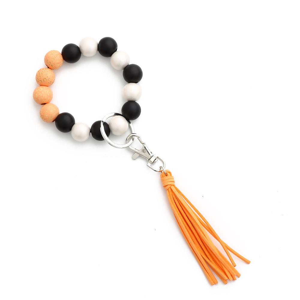 Retro Wooden Bead Leopard Spot Bracelet  Leather Tassel Keychain Carved Leopard Spot Bead, Korean Velvet Tassel