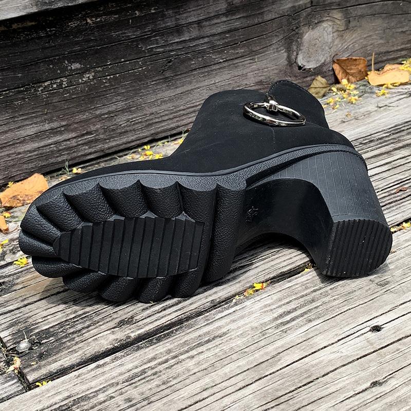 Woman Ankle Boots Spring Autumn Pointed Toe Low Heel Single Boots Black Heeled Suede Thick Heel Black Short Boots Plus Size 42