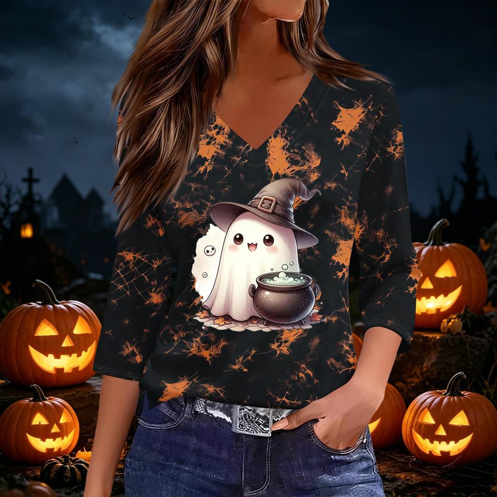 Women's Casual V-Neck 3/4 Sleeve Halloween Print Top for Party and Daily Wear