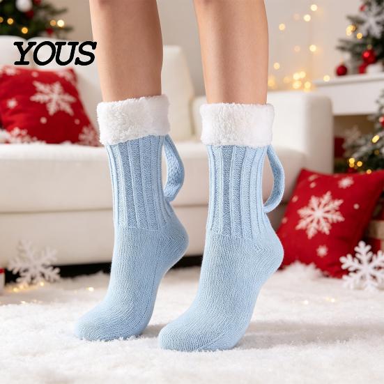 Easy On And Off Floor Socks Women's Knitted Slipper Socks, Soft Plush Lined Mid-Length Winter Versatile Cozy for Thermal with Handle Indoor