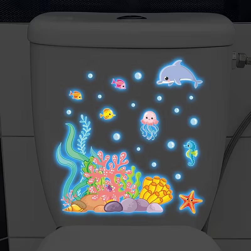 Glow-In-The-Dark Ocean Fish Toilet Sticker Bathroom Decoration Self-Adhesive And Removable Home Living Room Wall Decoration
