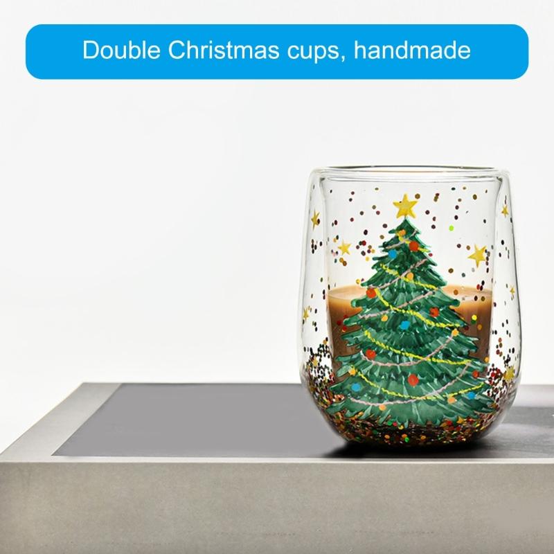 Drinking Cup with Christmas Tree Sparkles Double Walled Sparkling Christmas Tree Glass Mug for Warm Beverages