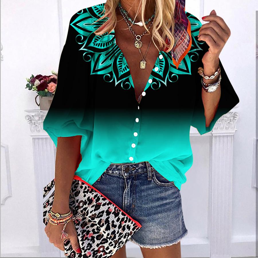 

2023 Лето Осень Новая мода Женские топы Цвет Лотос Принт Полурукав Повседневная рубашка больших размеров на пуговицах больших размеров с пузырчатыми рукавами