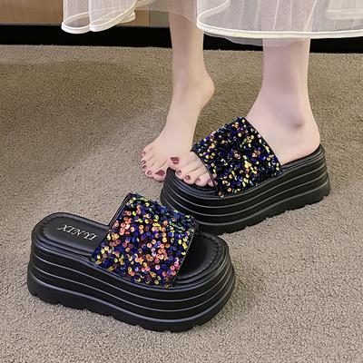 8.5cm Synthetic Slip On Platform Wedge Fashion Sandal Bling ROME Ladies Beach Shoes Peep Toe Pumps Summer Slippers Fashion Shoes