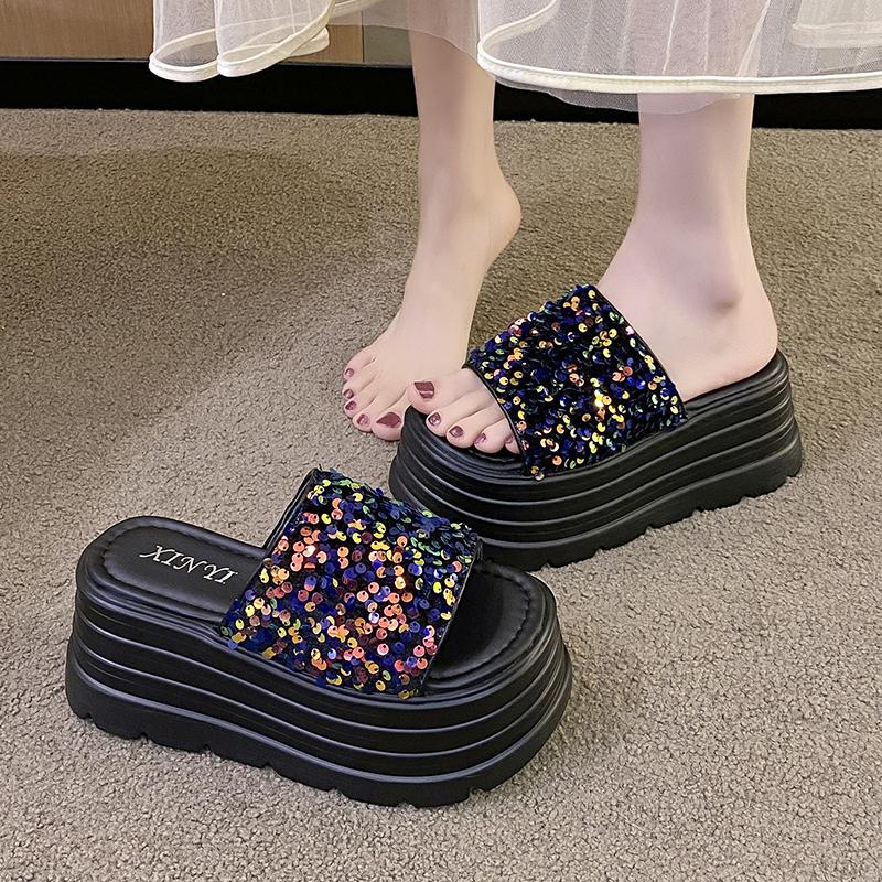 Fashion 8.5cm Synthetic Slip On Platform Wedge Fashion Sandal Bling ROME Ladies Beach Shoes Peep Toe Pumps Summer Slippers Fashion Shoes