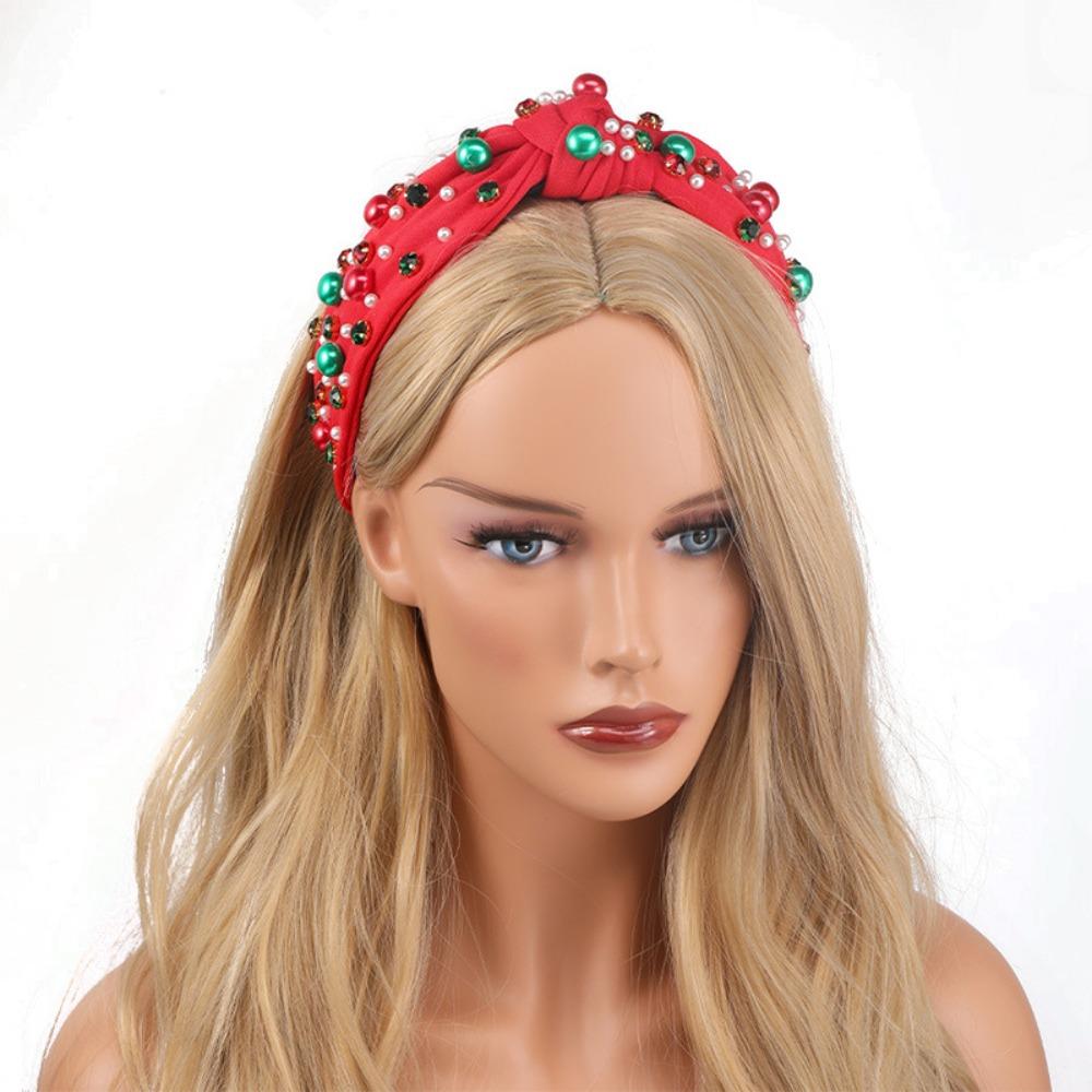 Wide Edge Christmas Hairband Hair Jewelry Headwear Rhinestone Knot Headband Red Green Gift Crystal Beads Hair Band New Year