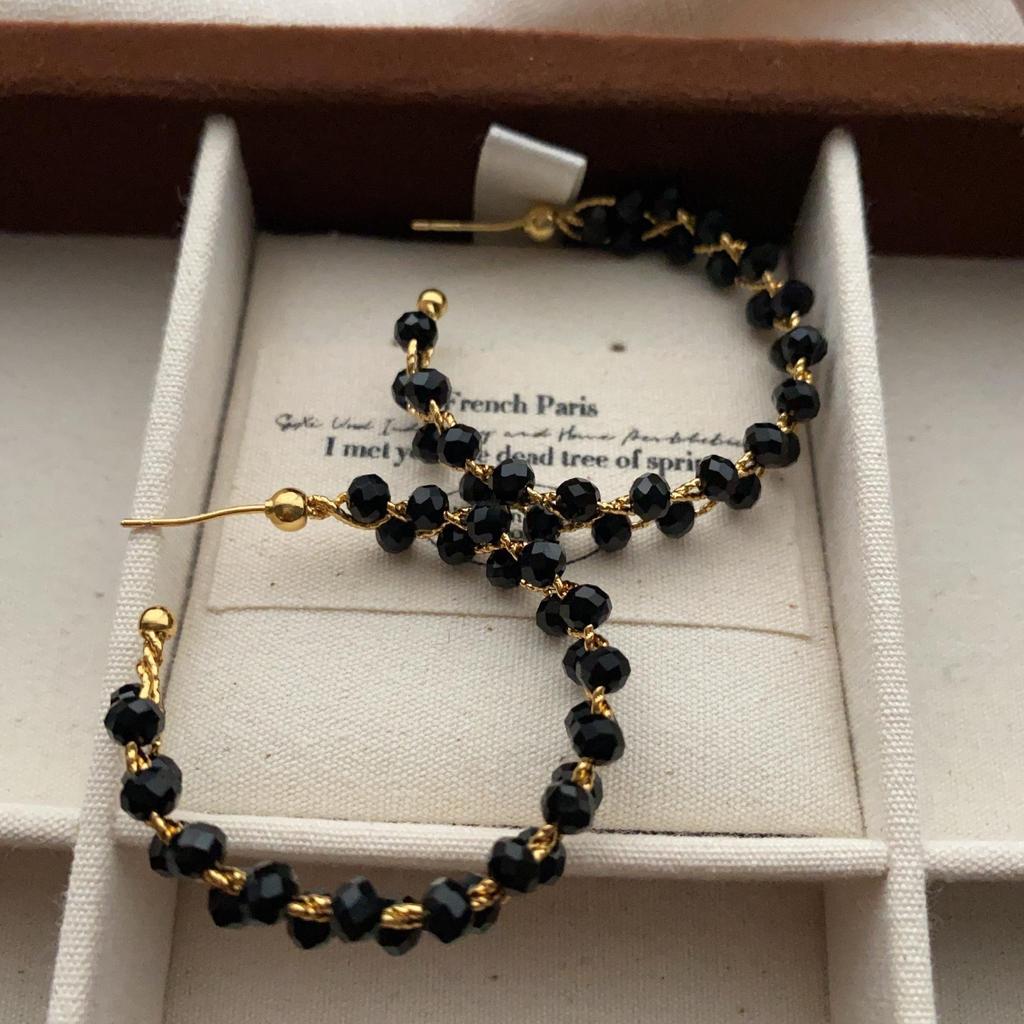 Black Bead Ring Earrings Earrings Premium Light Luxury Niche Design Exquisite Retro Versatile Earrings
