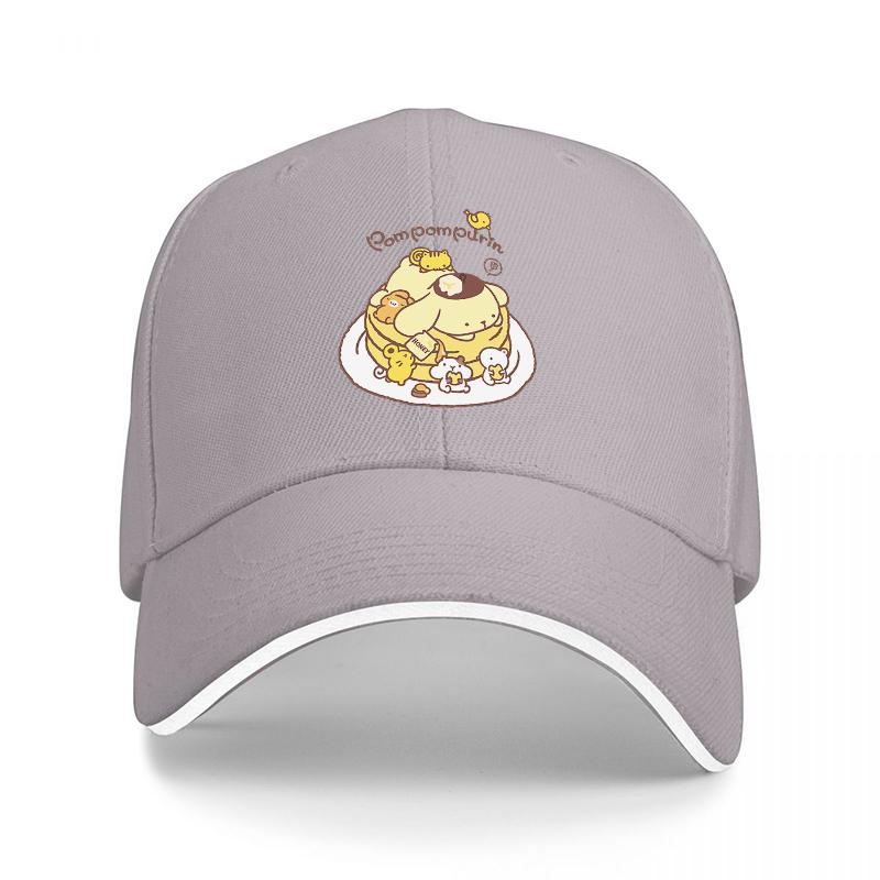 Pancake Cat Baseball Cap Featuring Adorable Cartoon Character with Honey and Flowers Design on Black Hat with White Trim