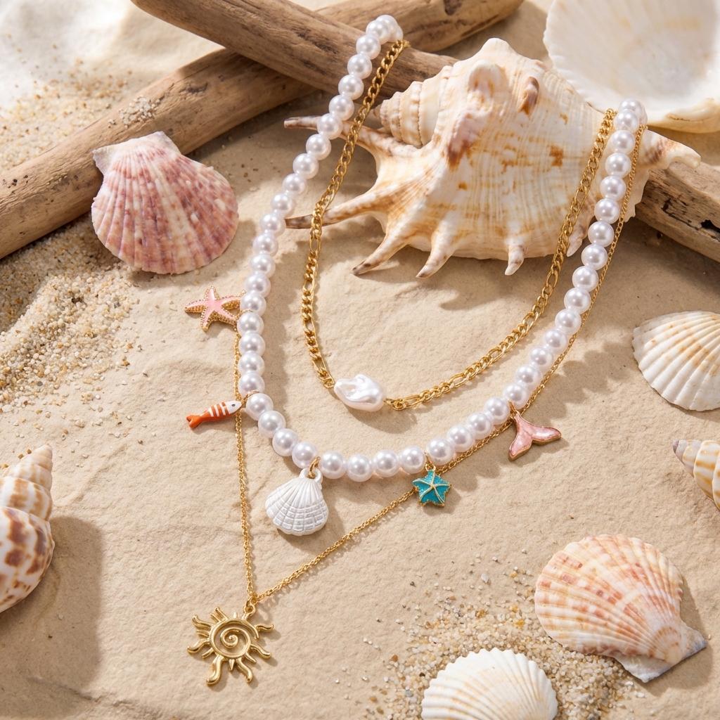 Bohemian Beach Shell Conch Beaded Necklace for Women Ocean Style Seashell Starfish Sun Pendant Choker Vacation Party Jewelry