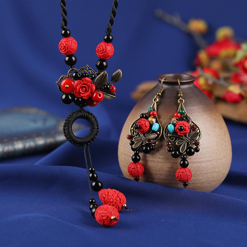 Handmade retro cinnabar flower necklace sweater chain long female temperament classical earrings set with accessories