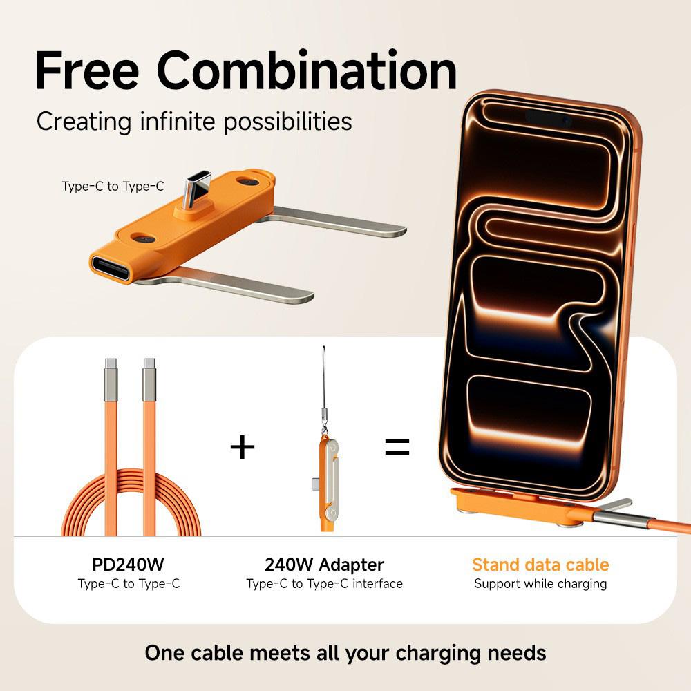 240W Fast Charging USB C To Type C Cable With Detachable Phone Stand Data Liquid Silicone Cable Type C To C For Realme Huawei