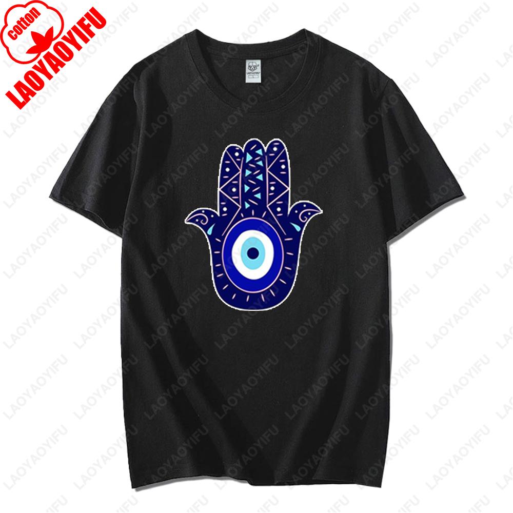 Men Women Hamsa Hand TShirt with Blue Eye of Protection Design Tee Unique Creative Graphic Print Cotton Casual Unisex Tops Gift