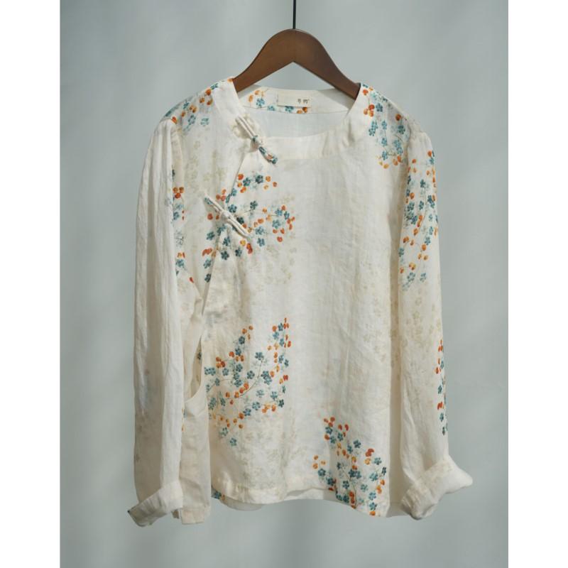 

Johnature Women Vintage Print Floral Shirts Tops Spring Blouses O-Neck Long Sleeve Loose Button Female Shirts One Size