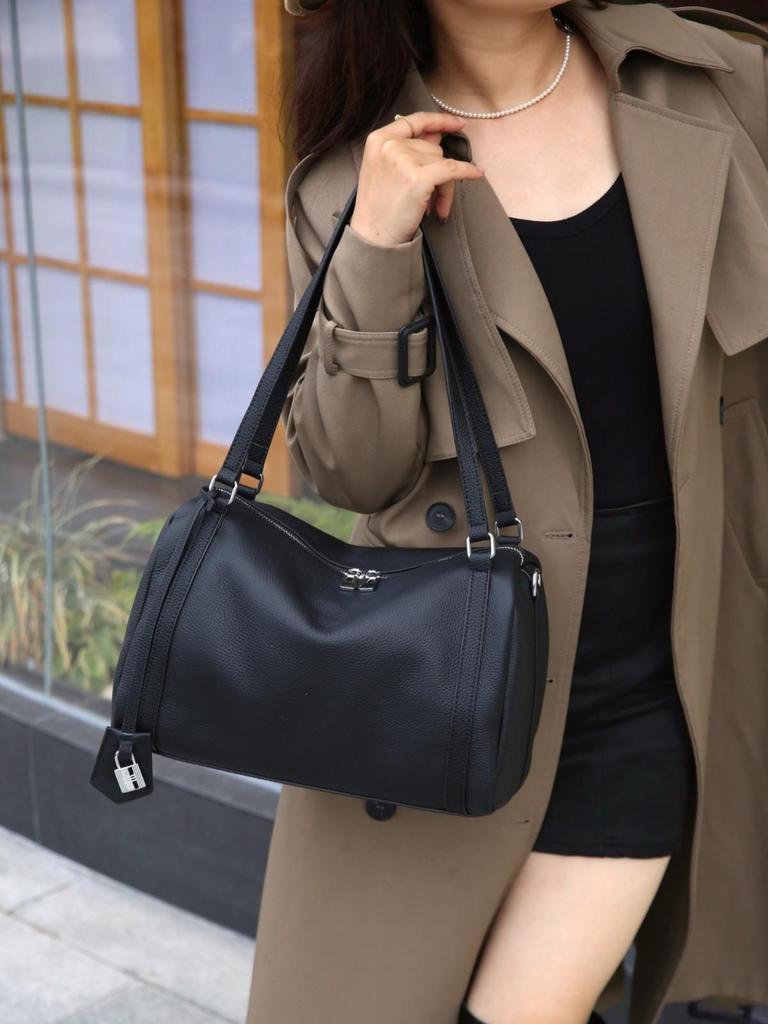 2025 Top Grain Cowhide Boston Handbag: Genuine Leather Crossbody Bag for Women, Lightweight with Large Capacity