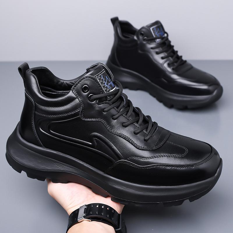 High Quality Cow Leather Sneakers Men Autumn Winter Fashion Casual Cotton Shoes Male High Top Black Sports Platform Shoes Man