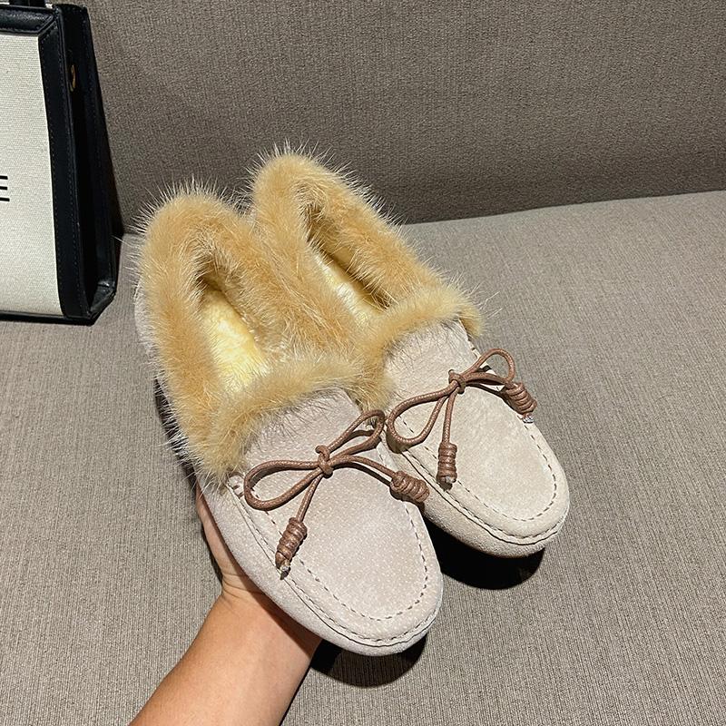 Mode 2025 Schleife Pelz Mokassins Damen Nerzhaar Stiefel Winter Plüsch Warme Ballerinas Echtes Leder Loafers Damen Shearling Baumwollschuhe