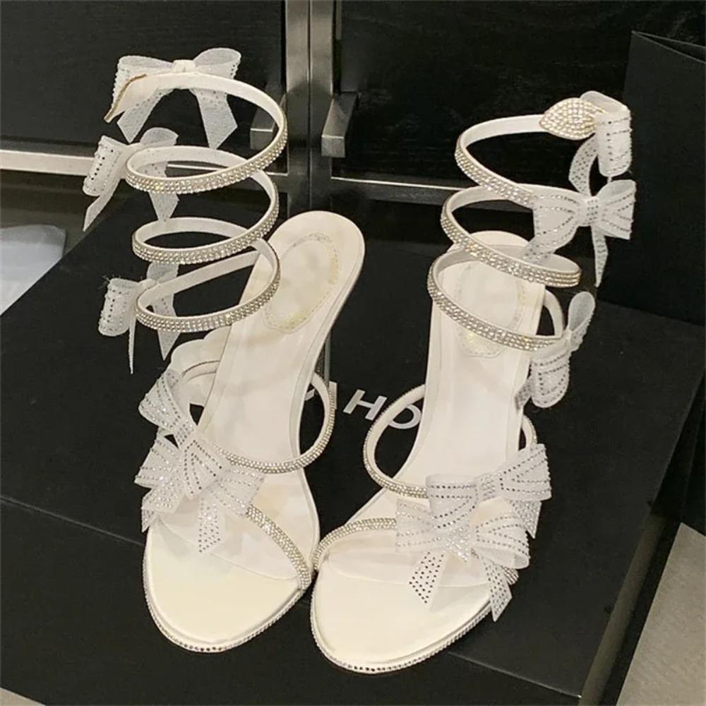 Elegant Pink Wedding Shoes CRYSTAL Bow High Heels Sandals Woman Summer Ankle Strap Thin High Heels Open Toed Party Shoes