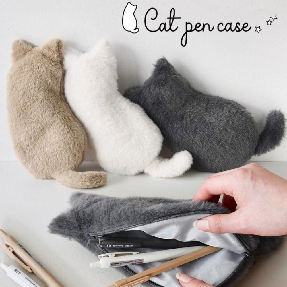 Soft Cat Plush Pencil Bag Cute Animal Stationery Bag Portable Fluffy Pencil Case Office Supplies
