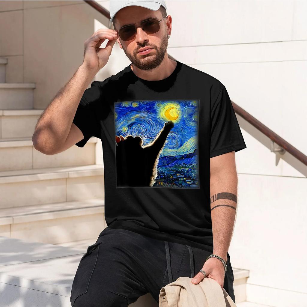 Starry Night Cat Van Gogh Cat 2026 New Fashion Heavyweight Hot Selling Retro Printed Pattern Fun Round Neck Tshirt For Daily C