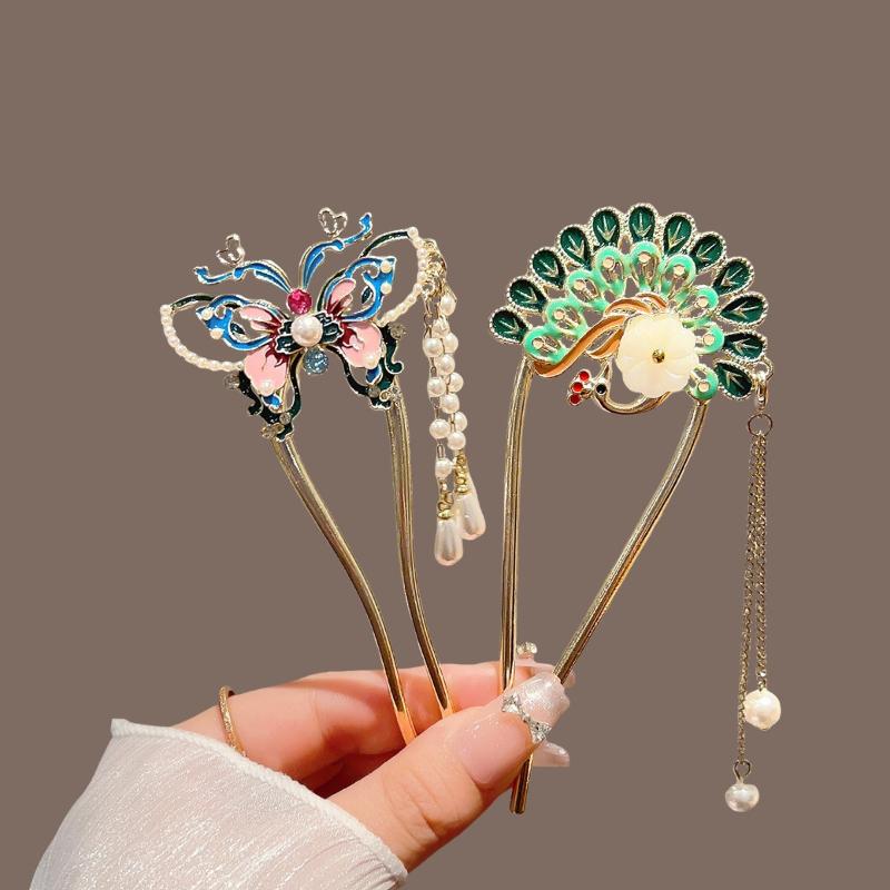 Pearls U Shaped Hair Sticks Fan Shaped Butterfly Tassel Hair Forks Bun Metal Hairpins Elegant Women Jewelry Hair Accessories