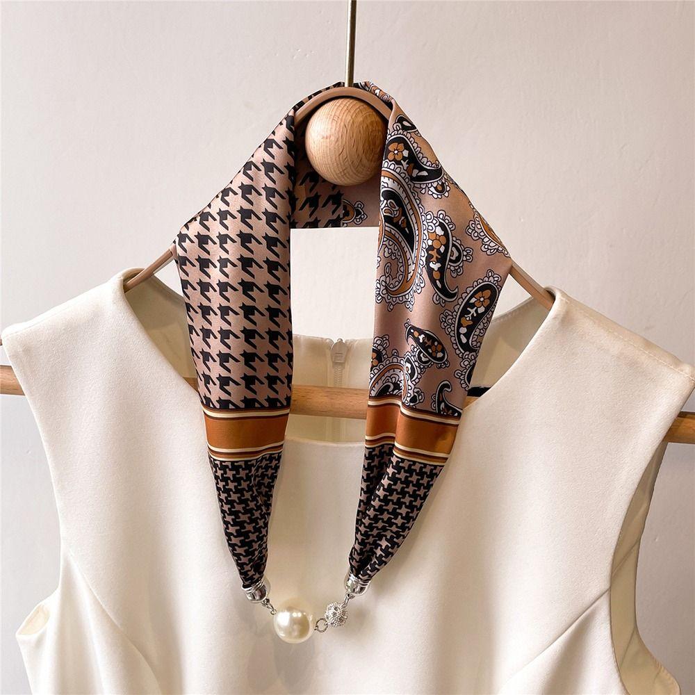 Women Bib Neck Guard Multifunctional Silk Scarf Satin False Collar Print Scarves Cross Neckerchief