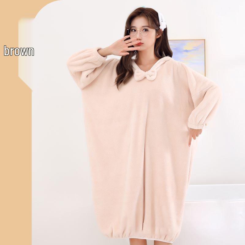 Morandi Color Fleece Hooded Bathrobe - Long Sleeve, Cozy, Warm Student Homewear