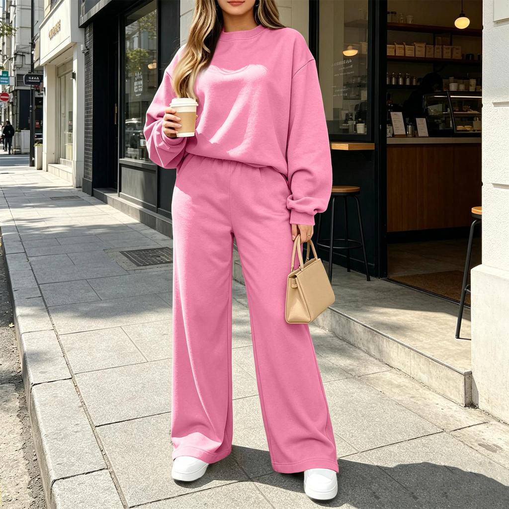 Women's Casual Fashion Long Sleeve High Waist Wide Straight Leg Sweatsuit Set