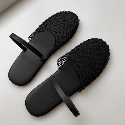 Französische Retro-Netzgewebte hohle Flachboden-Taschenkopf-Slipper Sommer 2025 neu runde Zehenpartie äußere Sandalen Damen