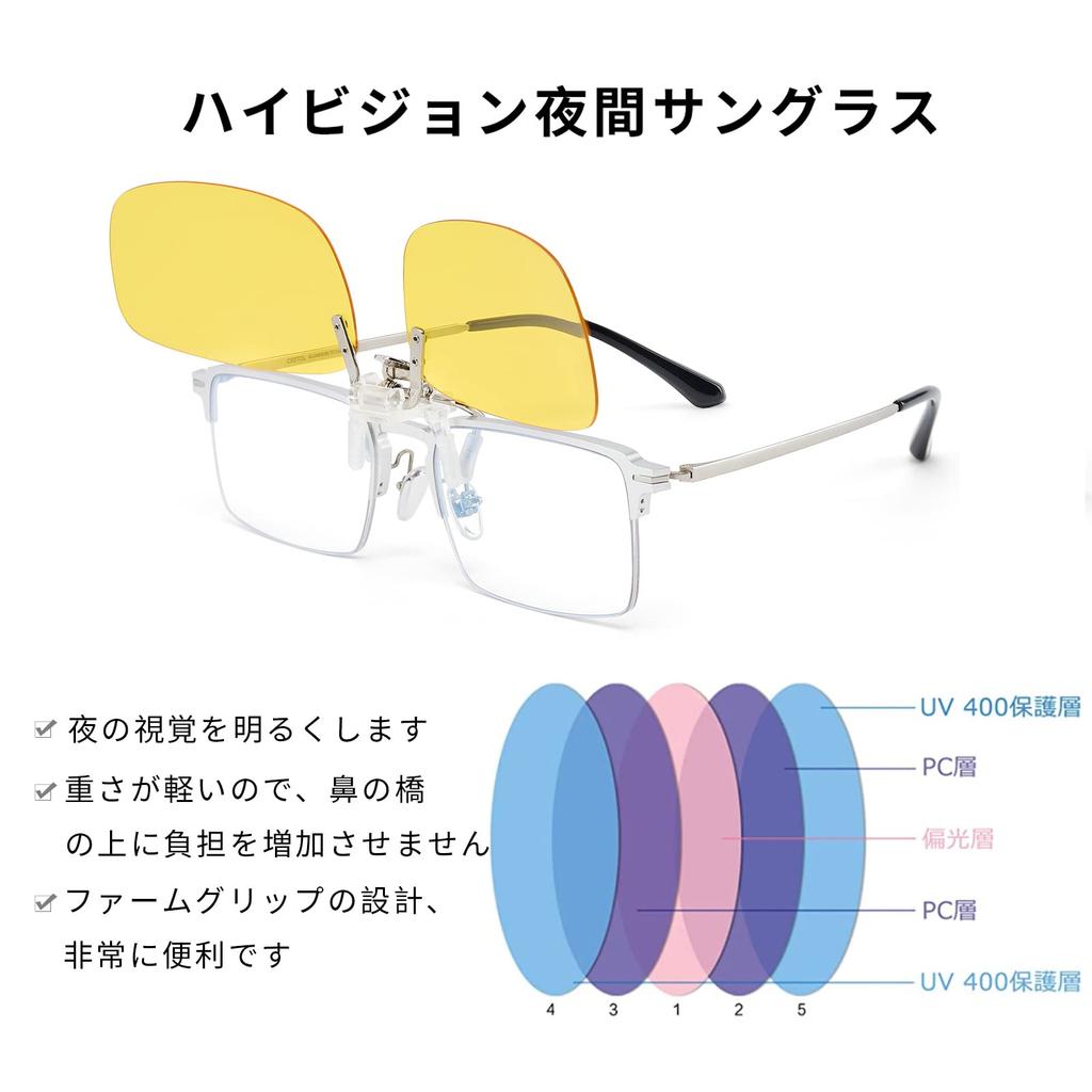 [CEETOL] Night Sunglasses Clip-on Driving Sunglasses, Clip-on Style, Day and Night Use, Yellow Lens, for Driving, Cycling, Fishing, Baseball, Golf