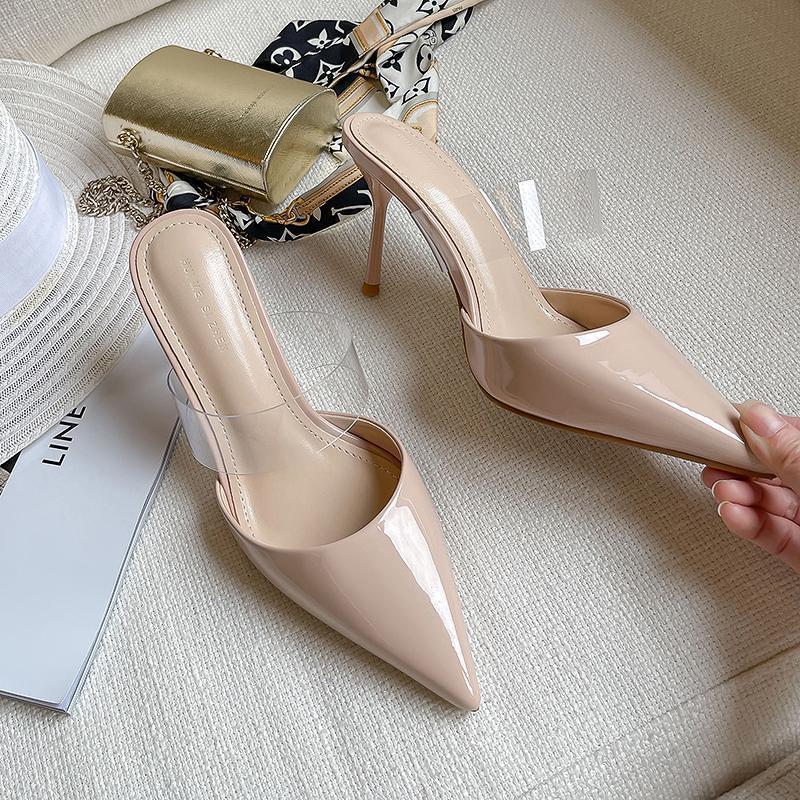 Sandale goale Baotou pentru femei, vară, modă, versatile, 2025 nou, cu vârf ascuțit, cu o singură baretă, cu toc înalt stiletto, pantofi semi-mule