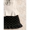 Women's Trendy Summer Set: Off-Shoulder Ruffled Top & Polka Dot High-Waisted Midi Skirt.