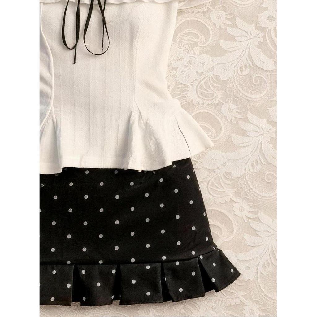 Women's Trendy Summer Set: Off-Shoulder Ruffled Top & Polka Dot High-Waisted Midi Skirt.