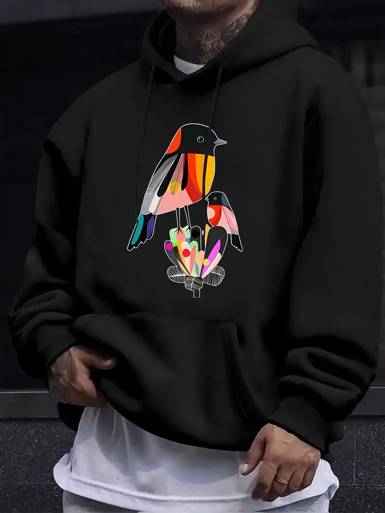 American/European Style unisex Autumn/Winter Printed Hooded Long-Sleeve Sweatshirt, Colorful Feathered Songbird and Floral Branch Print Hooded Sweatsh