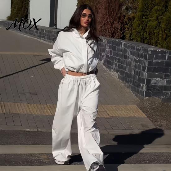 Women Casual Jacket Sets Pants Set for Fall, Stand Collar Zip-Up & Drawstring Loose Fit Clothing Waist Wide Leg Pants, Two Piece Matching Suit