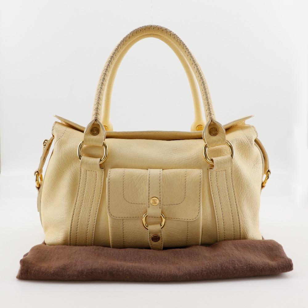 CELINE Mini Boston bag Tote Bag Triomphe off white leather Women Used