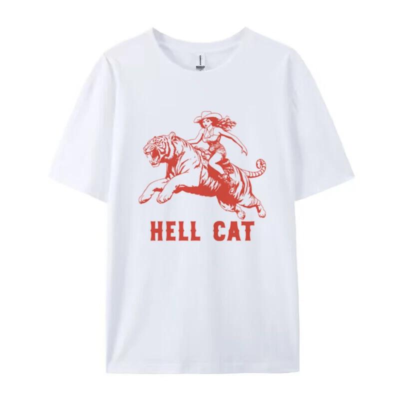 Hell Cat Tiger Print Graphic Tees Women Hippie Funny T Shirt Vintage Western Cowgirl Tshirts FeUnisex Aesthetic Retro Boho Tops S