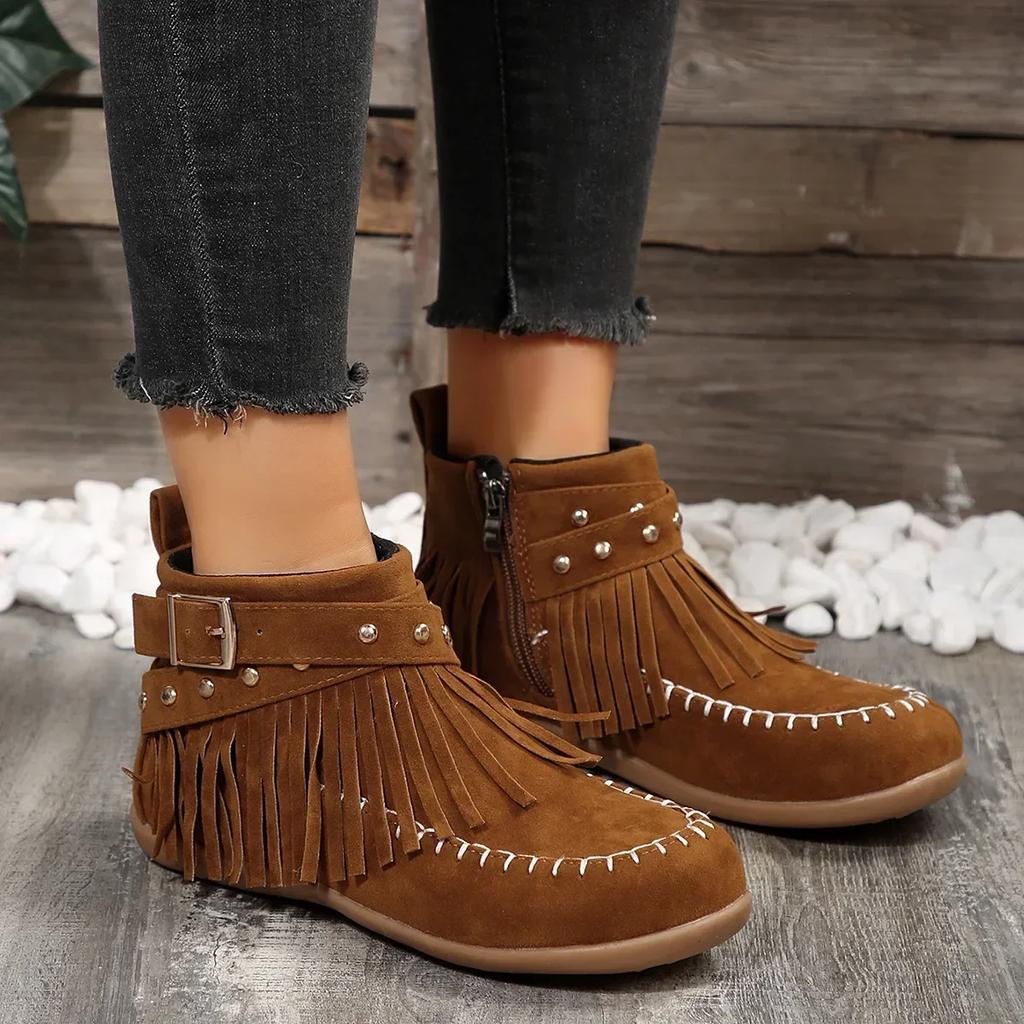 Winter Retro Quasten Damenstiefel Seitenreißverschluss Nieten Flache Schuhe Komfort Runde Zehenpartie Rutschfeste Stiefeletten für Damen Größe 43