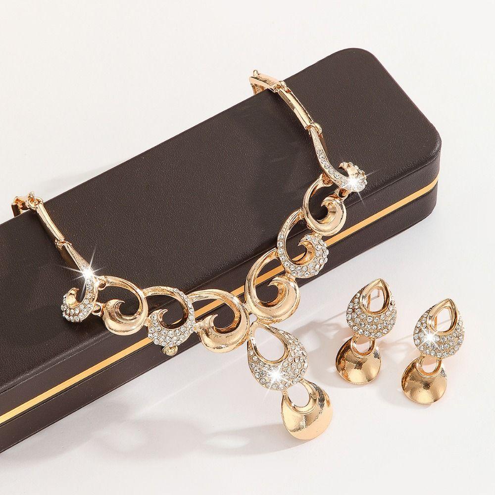 Rhinestone Inlaid Necklace Earrings Set Hollowed-out Women Jewelry Set  Wedding