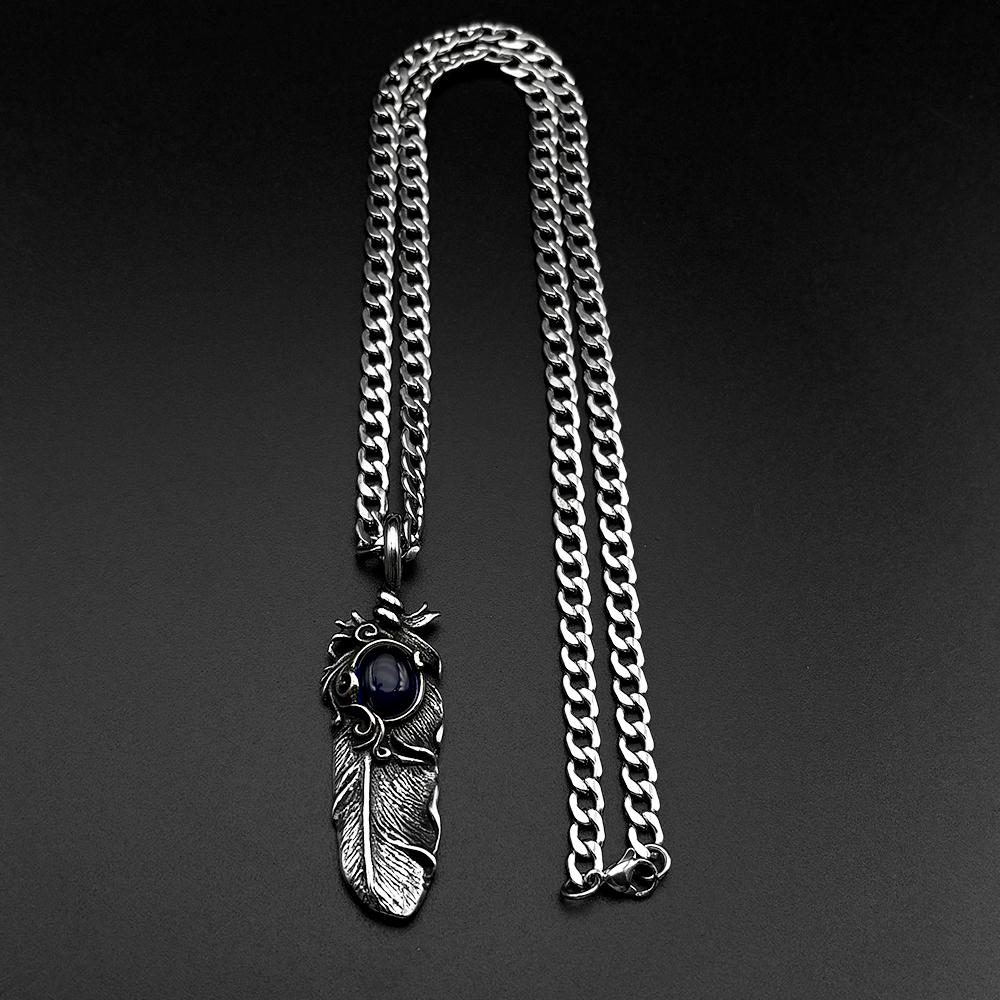 Antiqued Boho Feather Blue Glass Pendant Necklace for Women Men 316L Stainless Steel Chain Silver Color Hip Hop Amulet Jewelry