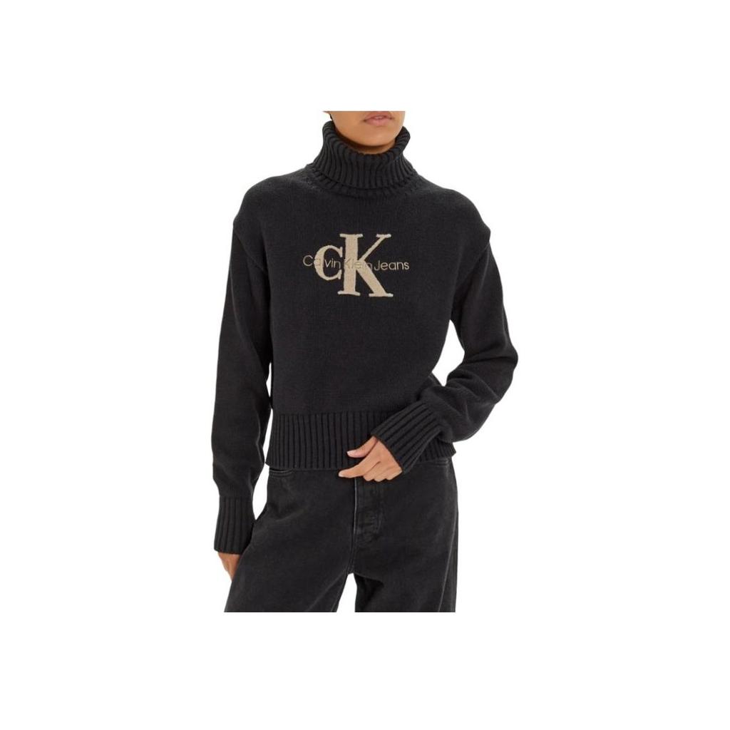 Calvin Klein Logo Embellished High Neck Fitted Long Sleeve Sweater Women sweater Black J20J224229-BEH